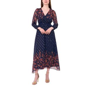 Womens MSK Long Sleeve Foil Chiffon Fit & Flare Dress