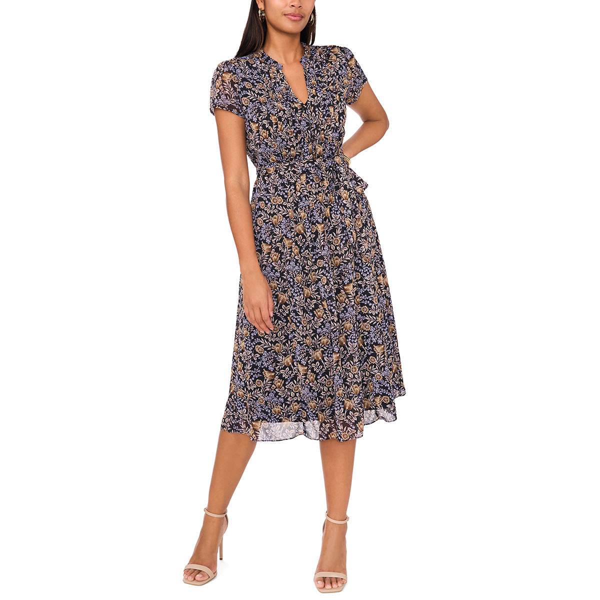 Womens MSK Short Sleeve Floral Leaf Chiffon Pintuck Midi Dress