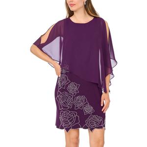 Womens MSK Solid Sheer Rose Bead Trim Shift Dress with Capelet