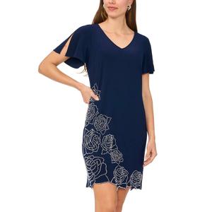 Womens MSK Short Sleeve V Neck Beaded Rose Trim Sheath Dress