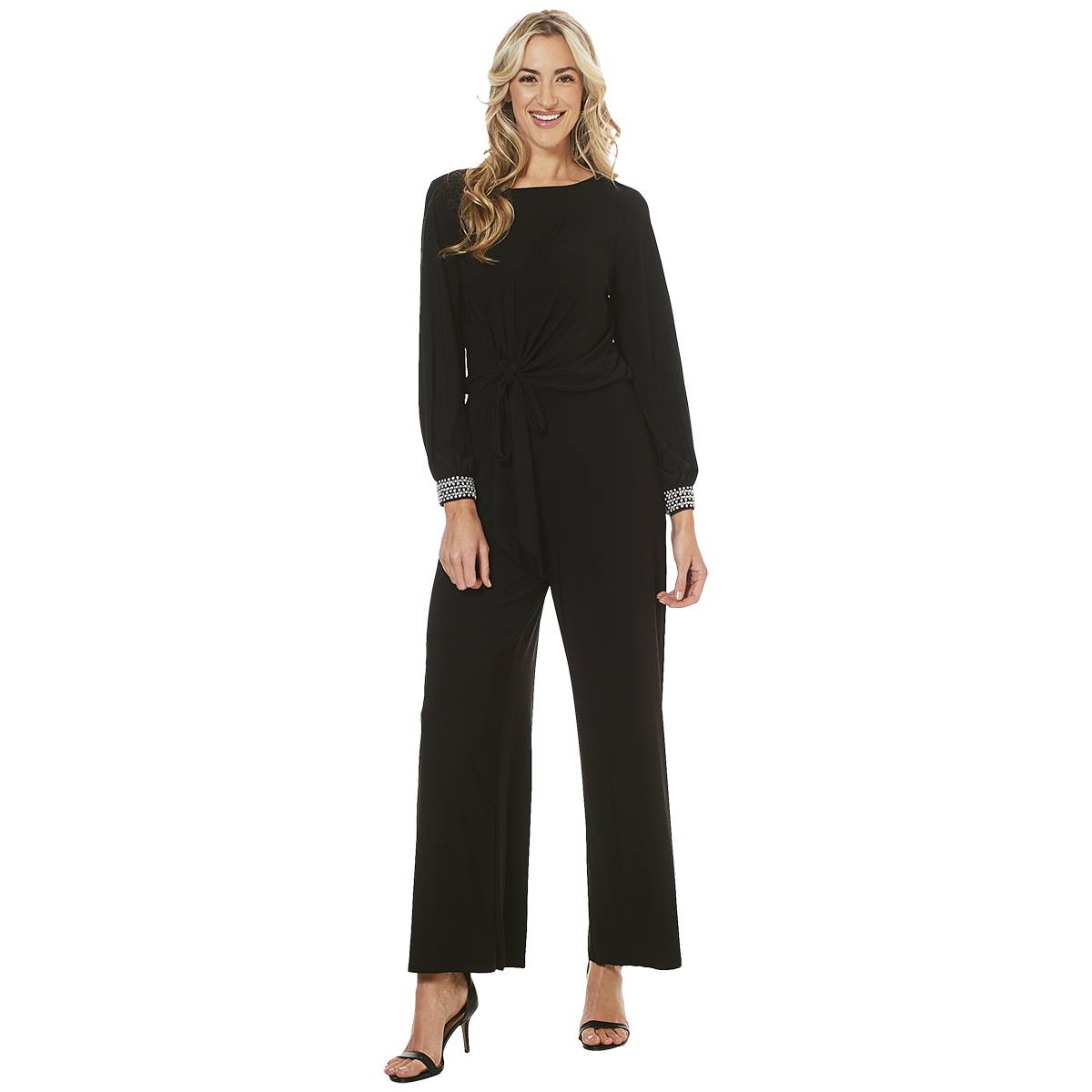 Womens MSK Long Sleeve Rhinestone Trim Side Tie Jumpsuit