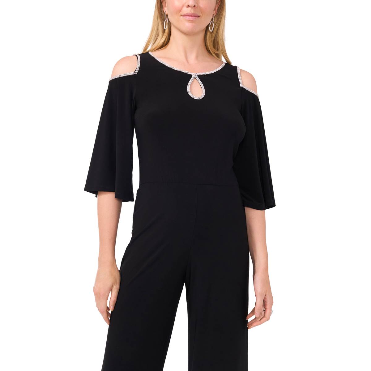 Womens MSK Cold Shoulder Rhinestone Keyhole Jumpsuit