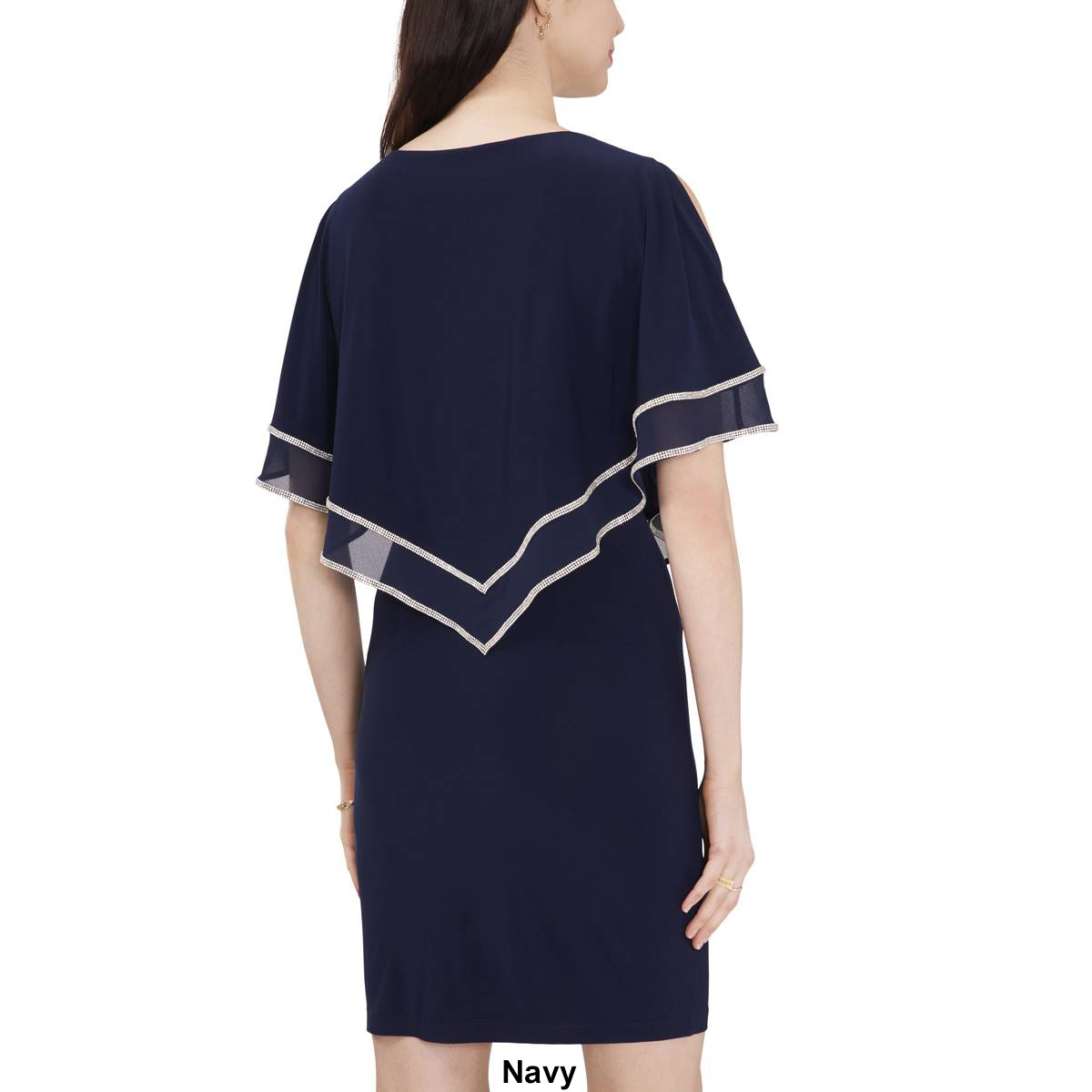 Womens MSK Split Sleeve Rhinestone Trim Overlay A-Line Dress