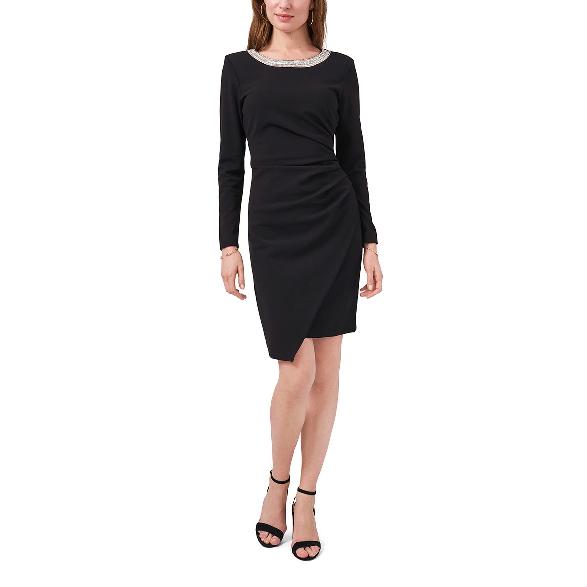 Womens MSK Long Sleeve Crepe Side Ruched Neck Trim Dress