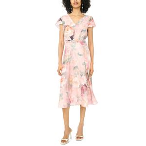 Womens MSK Short Sleeve Belt Waist Floral Midi Dress