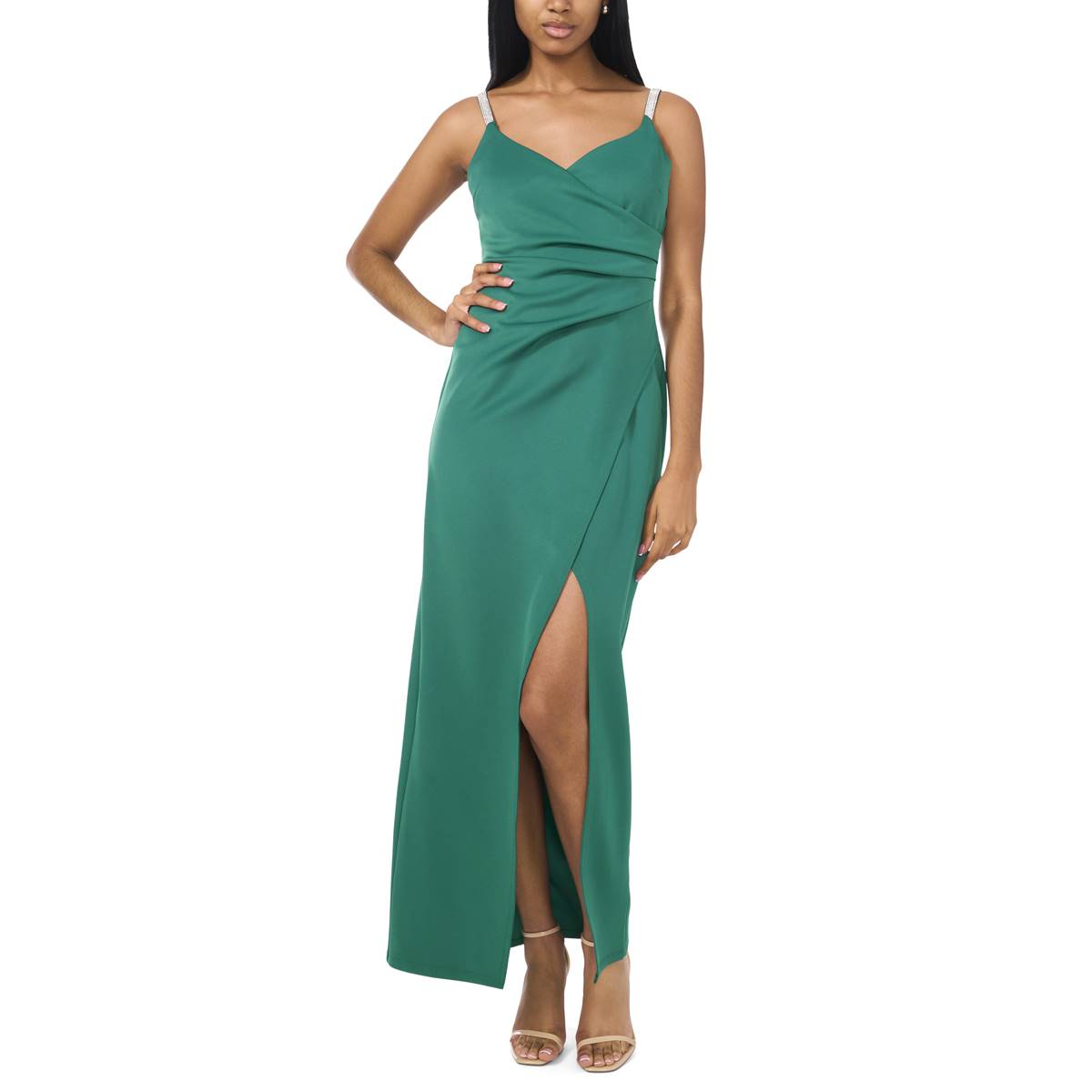 Womens MSK Sleeveless Crepe Rhinestone Trim Slit Gown