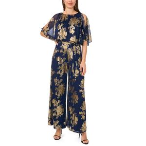 Womens MSK Cold Shoulder Blouson Tie Waist Foil Leaf Jumpsuit