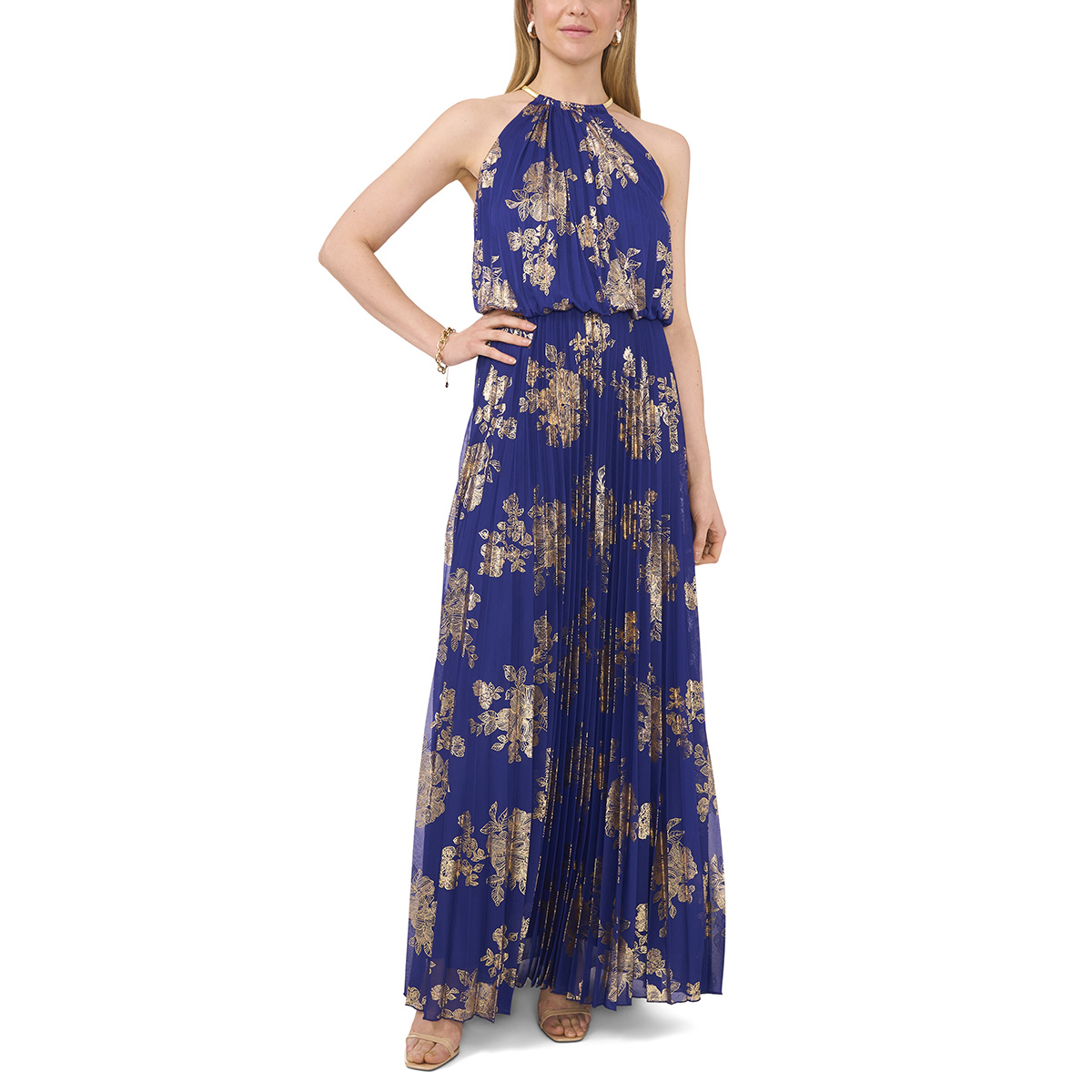 Womens MSK Sleeveless Halter Neck Pleated Foil Maxi Dress