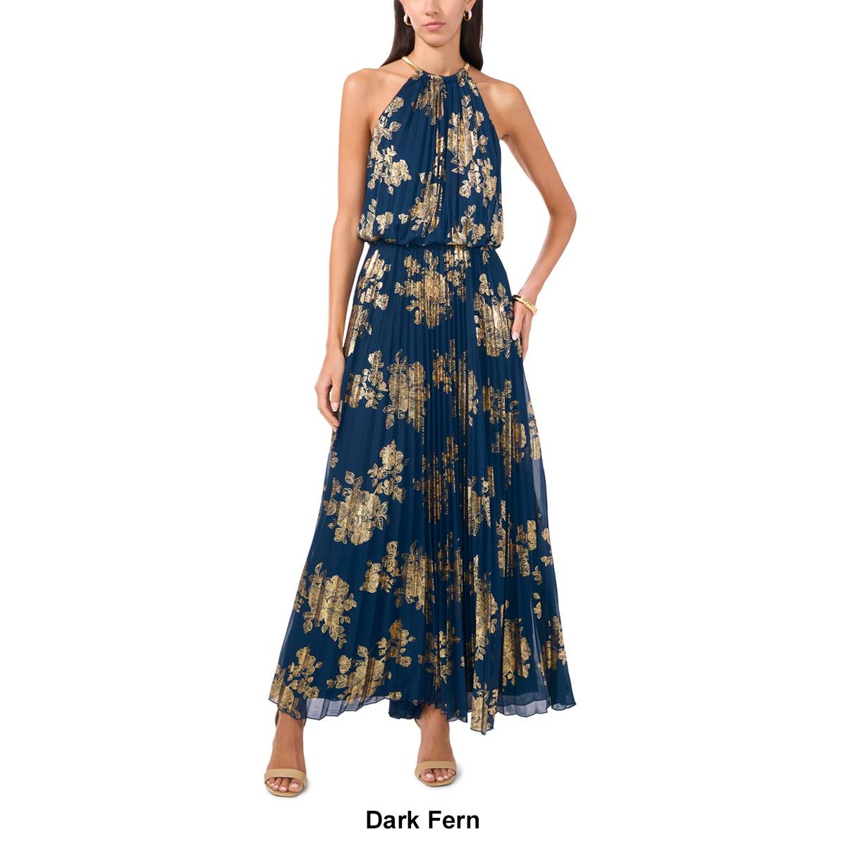 Womens MSK Sleeveless Halter Neck Pleated Foil Maxi Dress