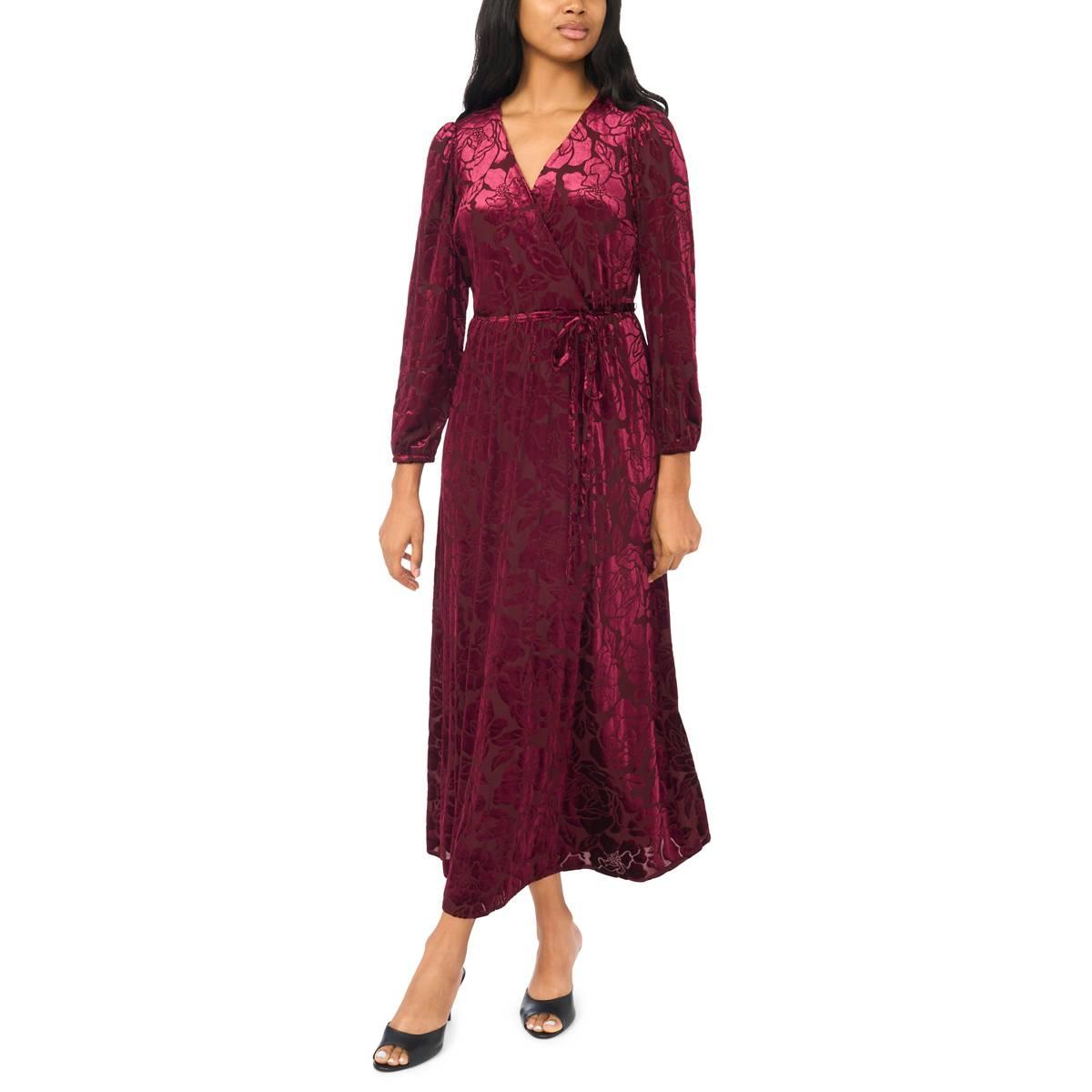 Msk Women's Floral Long-Sleeve Velvet Burnout V-Neck Wrap Maxi Dress - Eggplant