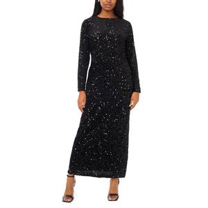 Womens MSK Long Sleeve Round Neck Sequin Evening Gown