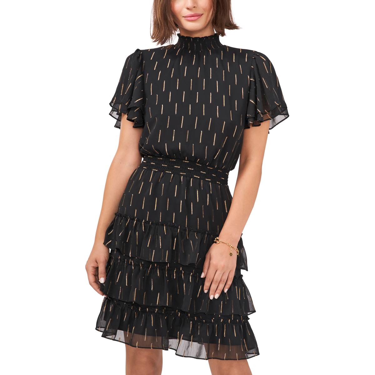 Womens MSK Flutter Sleeve Smock Neck Tiered Fit & Flare Dress