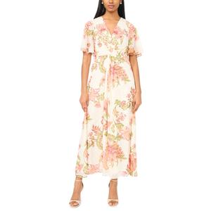Womens MSK Short Flutter Sleeve Surplice Neck Floral Midi Dress
