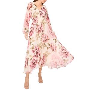 Womens MSK Long Sleeve V Neck Floral Chiffon Midi Dress