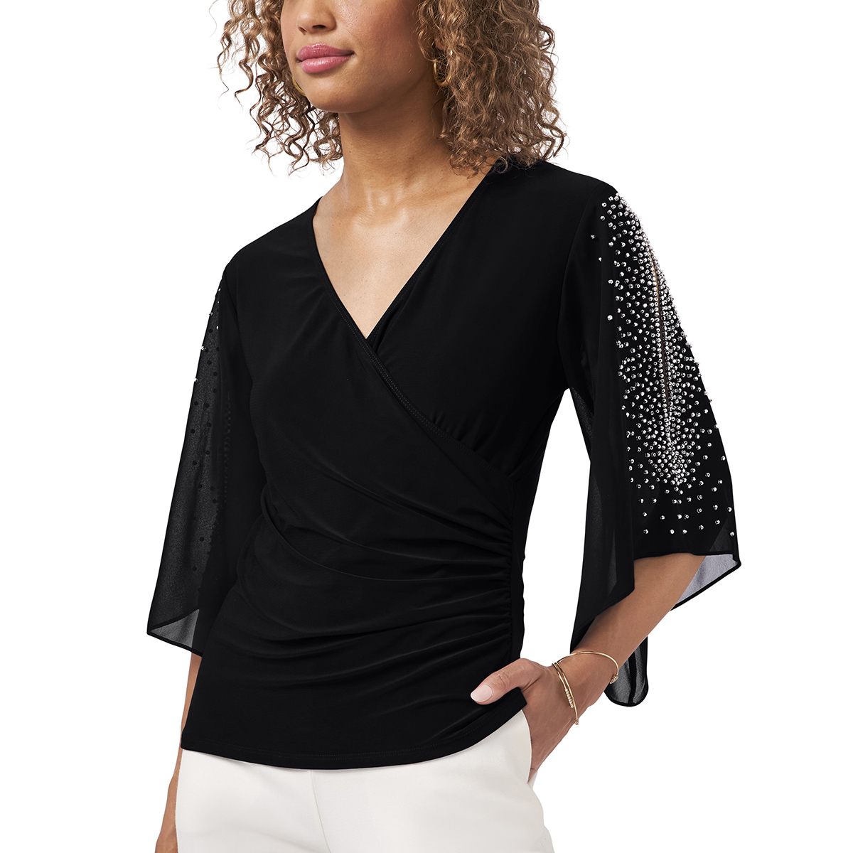 Womens MSK Beaded Sleeve Surplice Side Ruching Blouse