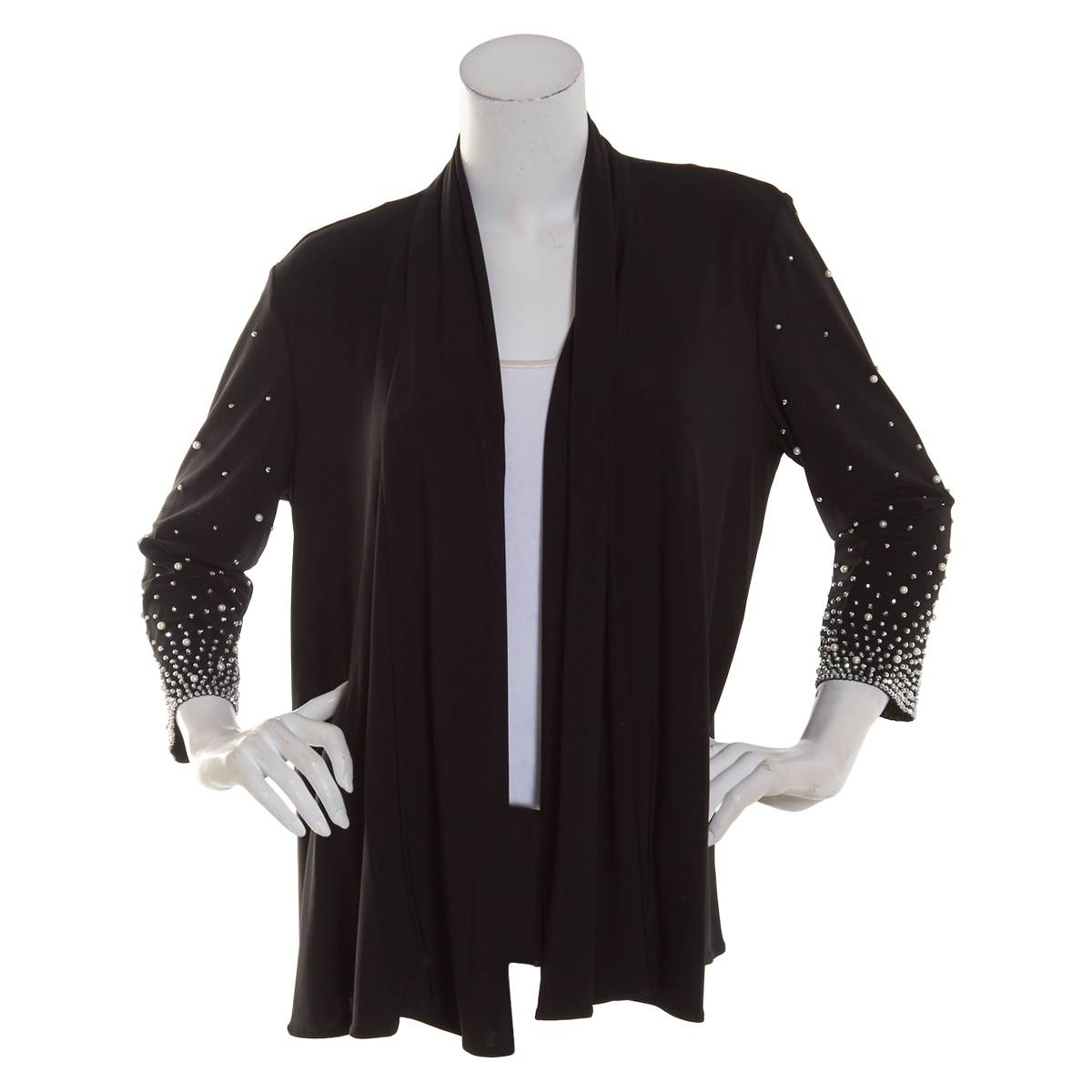 Womens MSK Solid Faraj Bead Trim Open Front Cardigan