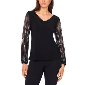 Womens MSK Long Beaded Sleeve V Neck Blouse