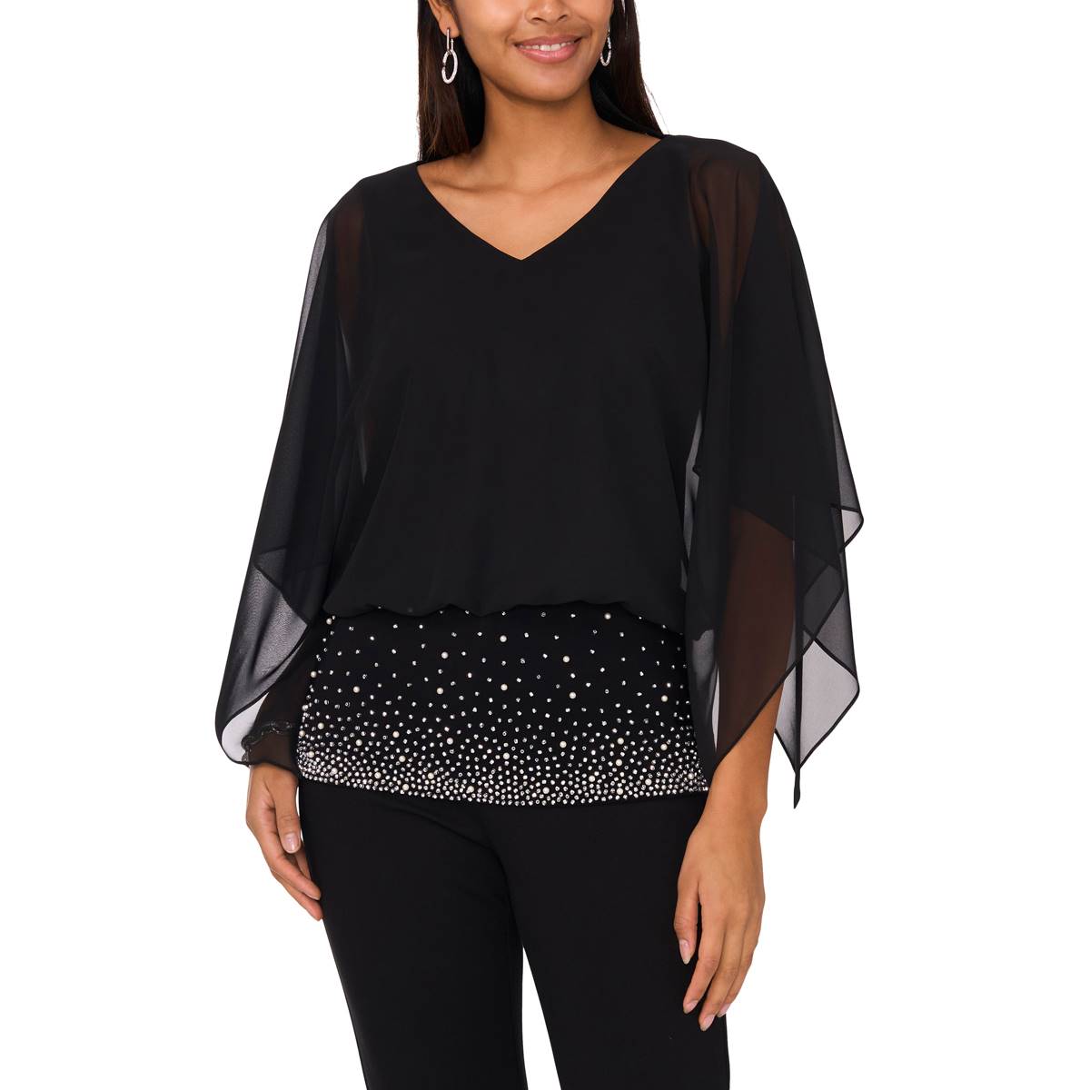 Womens MSK Wide Sleeve V-Neck Beaded Bottom Blouse