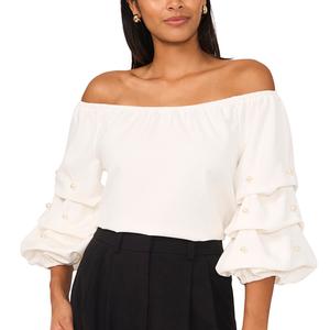 Womens MSK Pearl Trim Lantern Sleeve Off The Shoulder Blouse