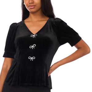 Womens MSK Short Sleeve V Neck Rhinestone Bows Blouse