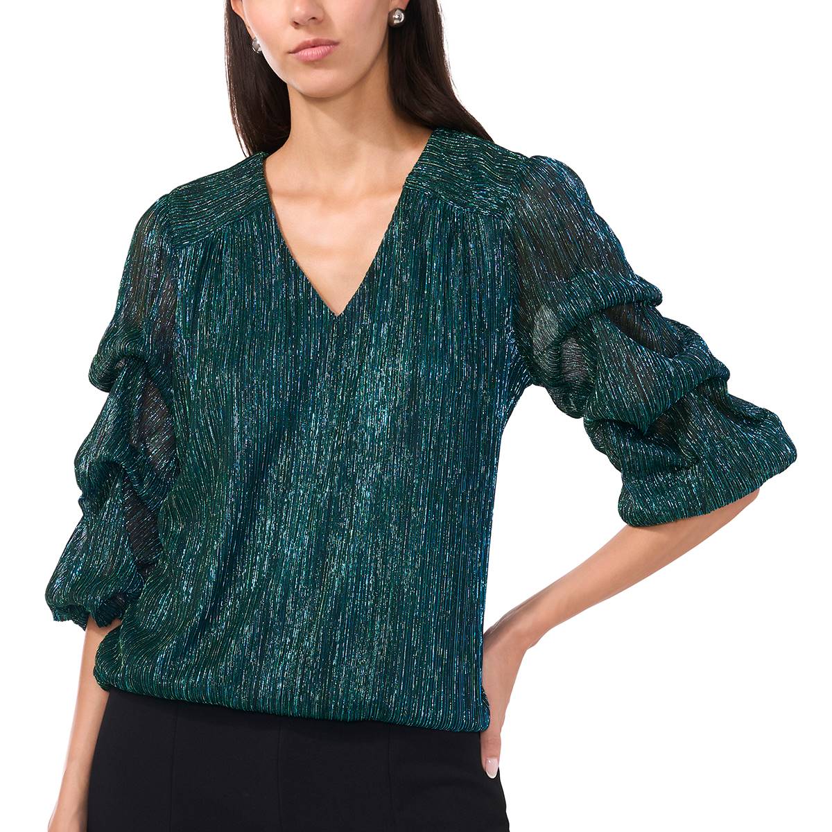 Womens MSK Lurex Crinkle Lantern Elbow Sleeve Blouse