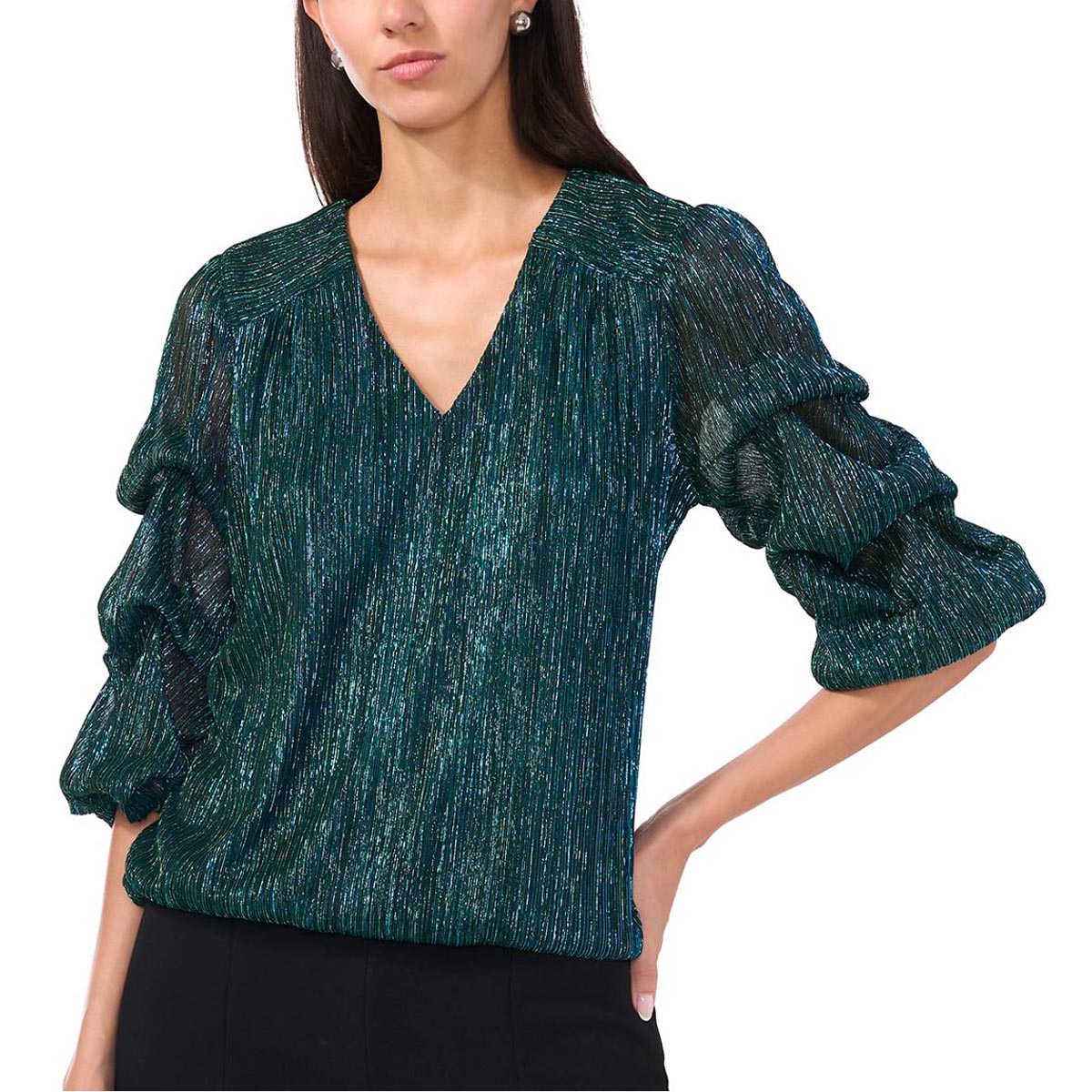 Womens MSK Lurex Crinkle Lantern Elbow Sleeve Blouse