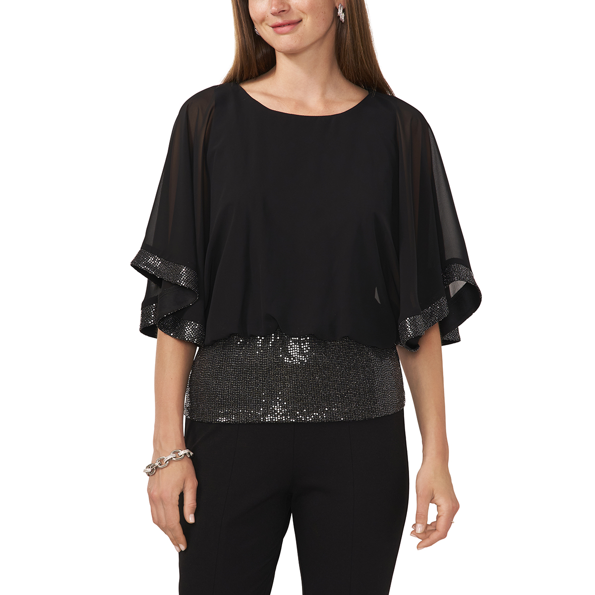 Womens MSK Sequin Band Solid Blouson Blouse