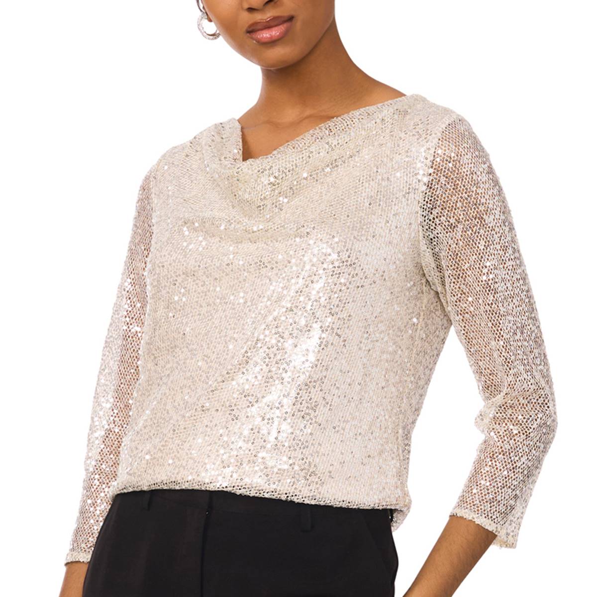 Womens MSK 3/4 Sleeve Sequined Cowlneck Blouse