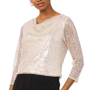 Womens MSK 3/4 Sleeve Sequin Drape Neck Blouse