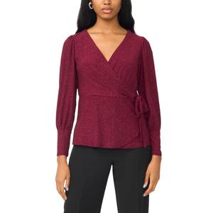 Womens MSK Long Sleeve Surplice Neck Sparkle Side Tie Blouse