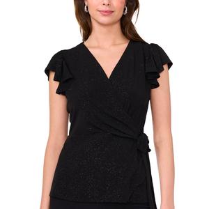 Womens MSK Cap Flutter Sleeve Glitter Knit Wrap Surplice Blouse