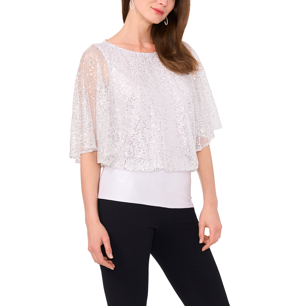 Womens MSK Sequin Dolman Sleeve Band Hem Sequin Blouse