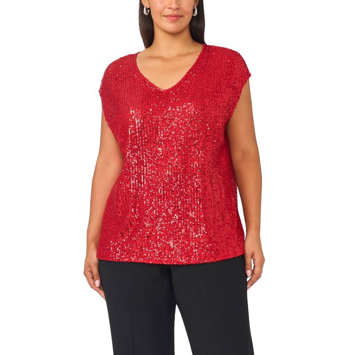 Womens MSK Cap Sleeve V-Neck Allover Sequin Blouse