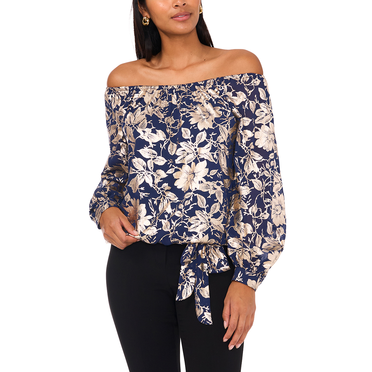 Womens MSK Off The Shoulder Foil Flowers Tie Hem Blouse