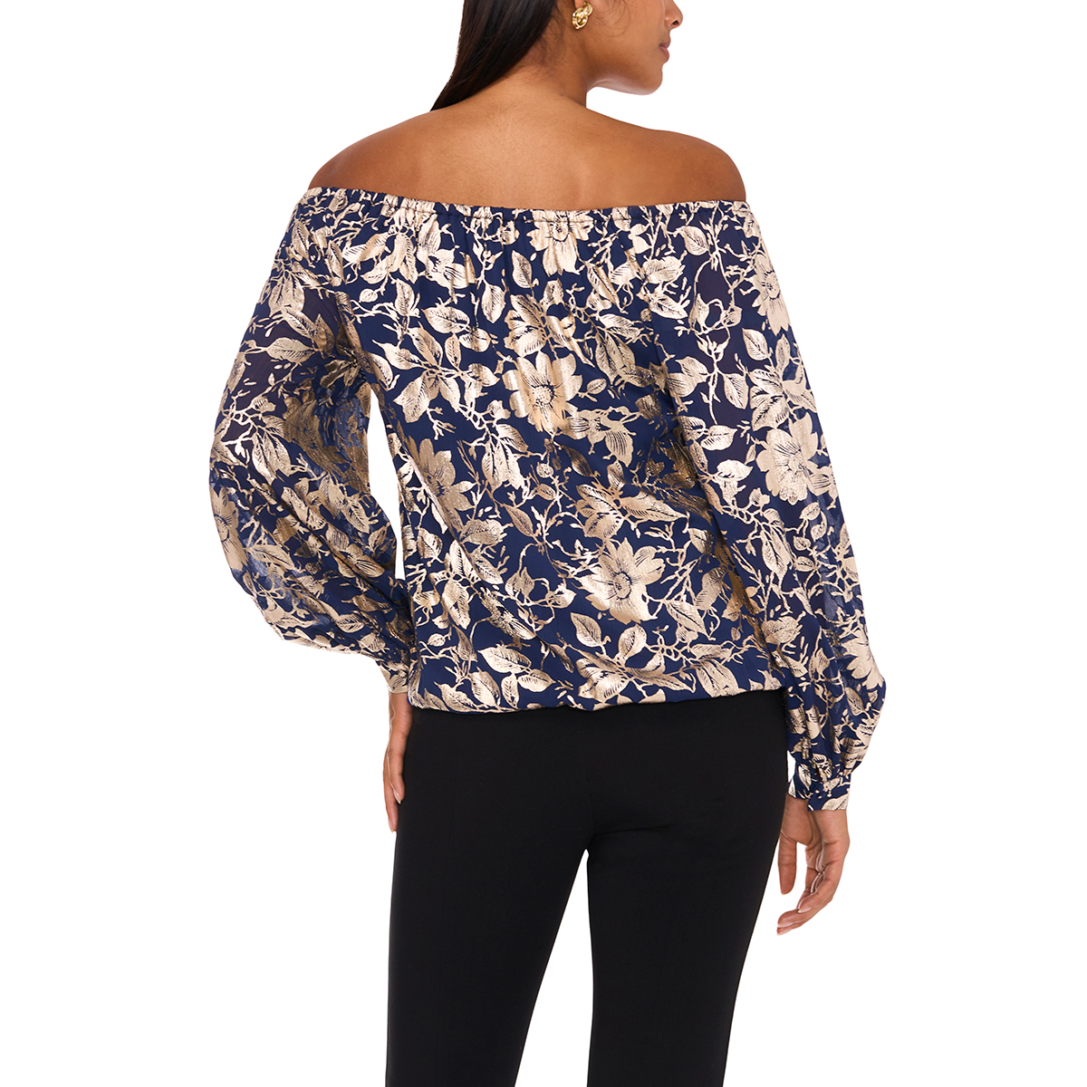 Womens MSK Off The Shoulder Foil Flowers Tie Hem Blouse