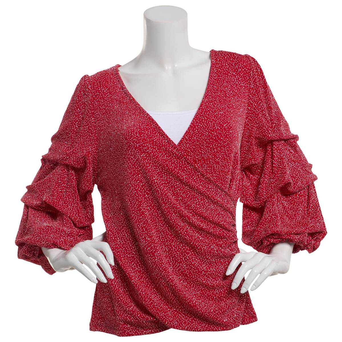 Womens Chaus Surplice V-Neck Lantern Sleeve Rhinestone Blouse