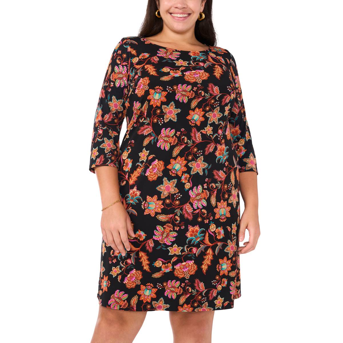 Plus Size MSK 3/4 Sleeve Black Floral Shift Dress