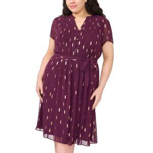 Plus Size MSK Short Sleeve Foil Dot Pintuck A-Line Dress