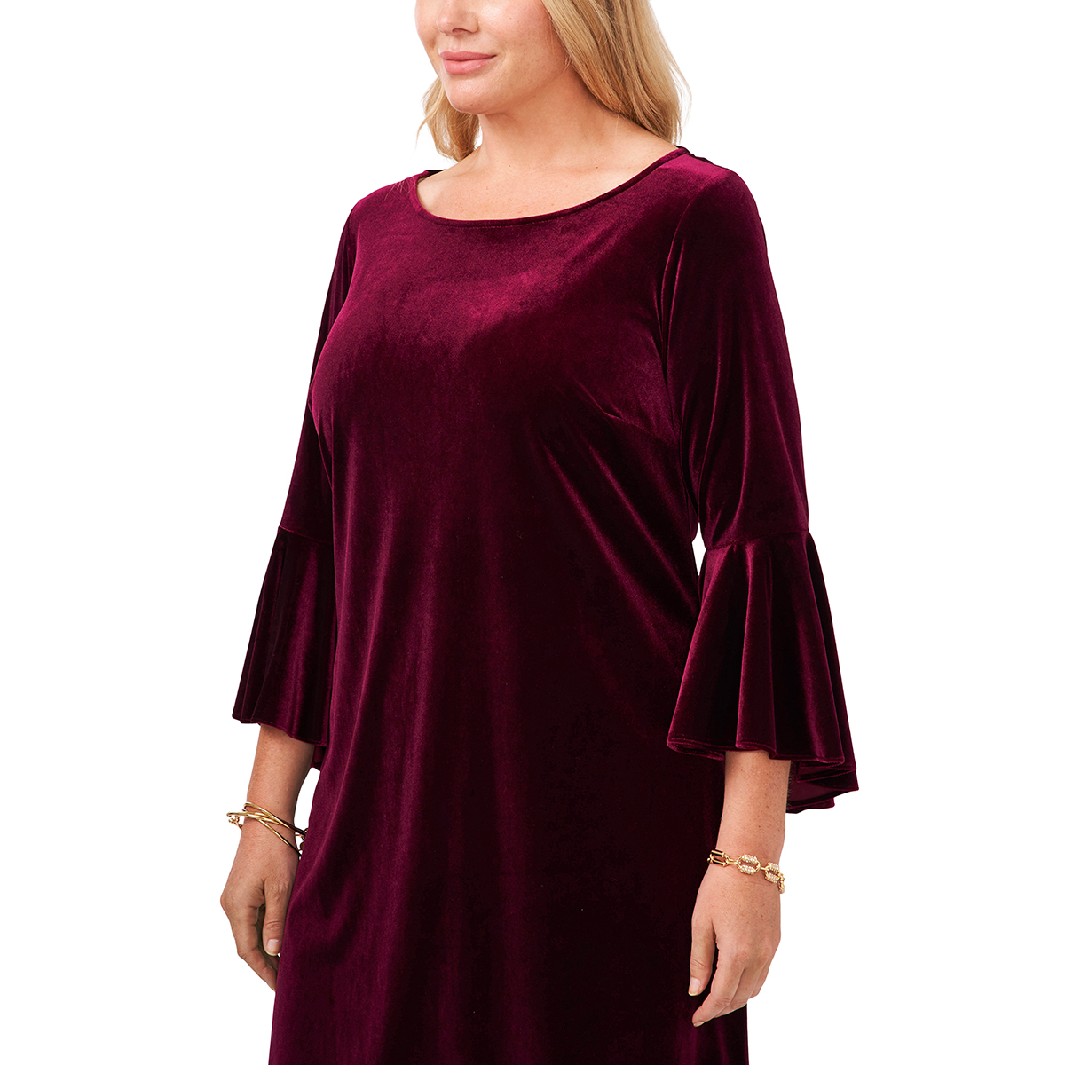 Plus Size MSK Long Sleeve Bell Sleeve Velvet Shift Dress