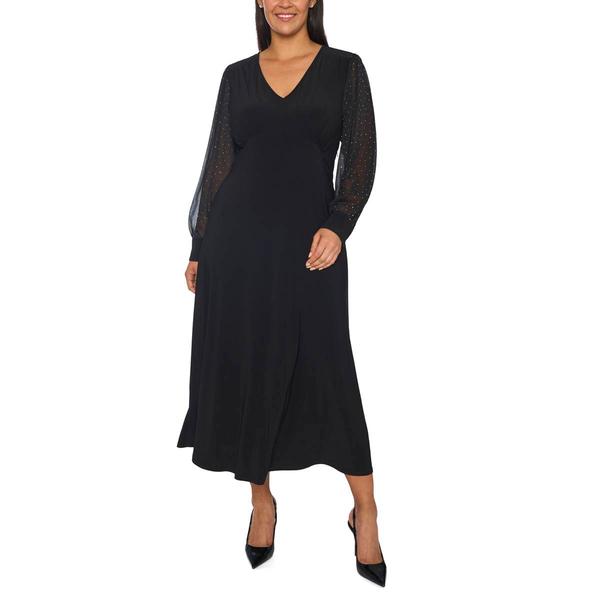 Plus Size MSK Long Rhinestone Sleeve V-Neck Midi Dress