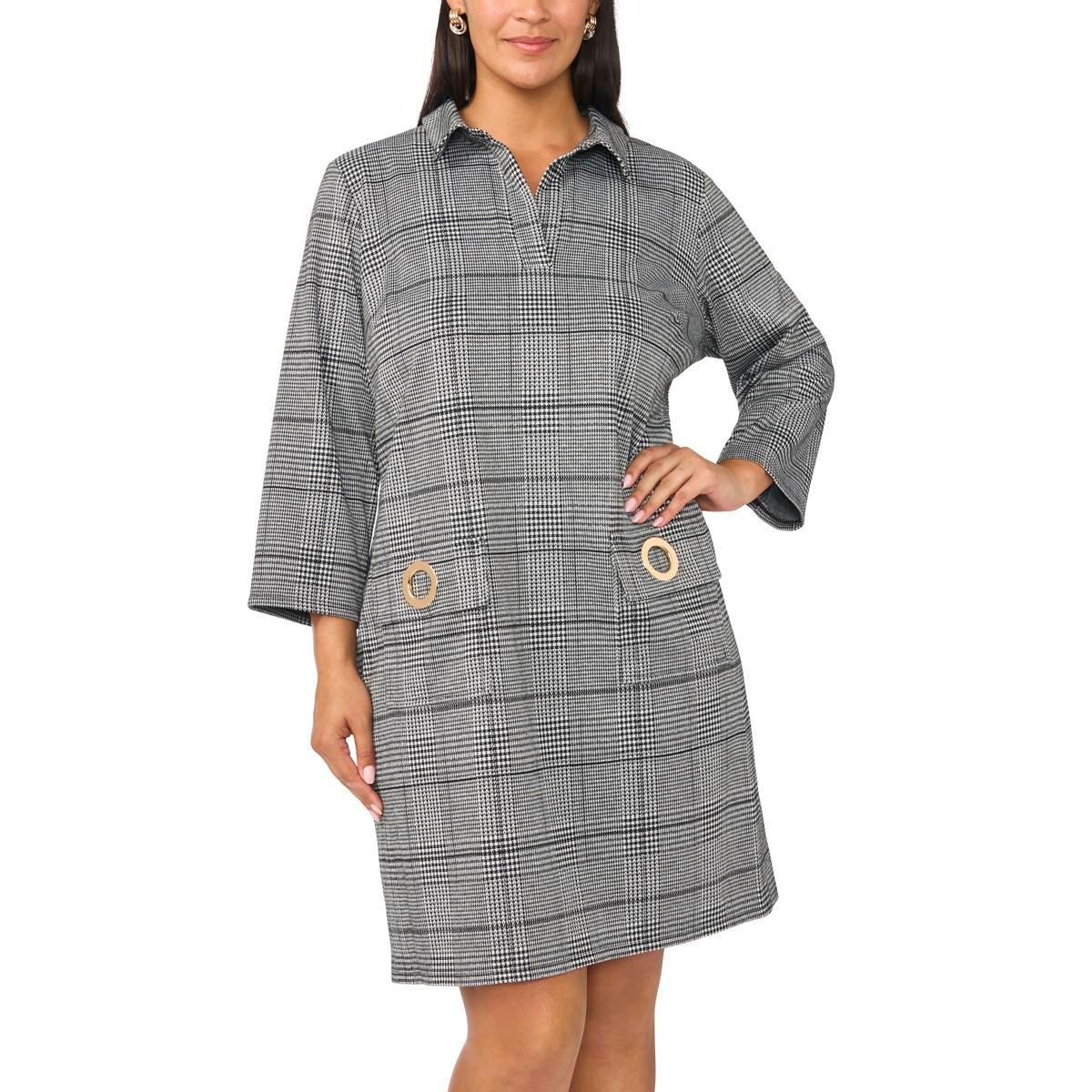 Plus Size MSK 3/4 Sleeve Plaid Grommet Pocket Shift Dress