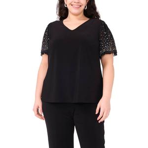 Plus Size MSK Bead Embellishment Short Sleeve V Neck Blouse