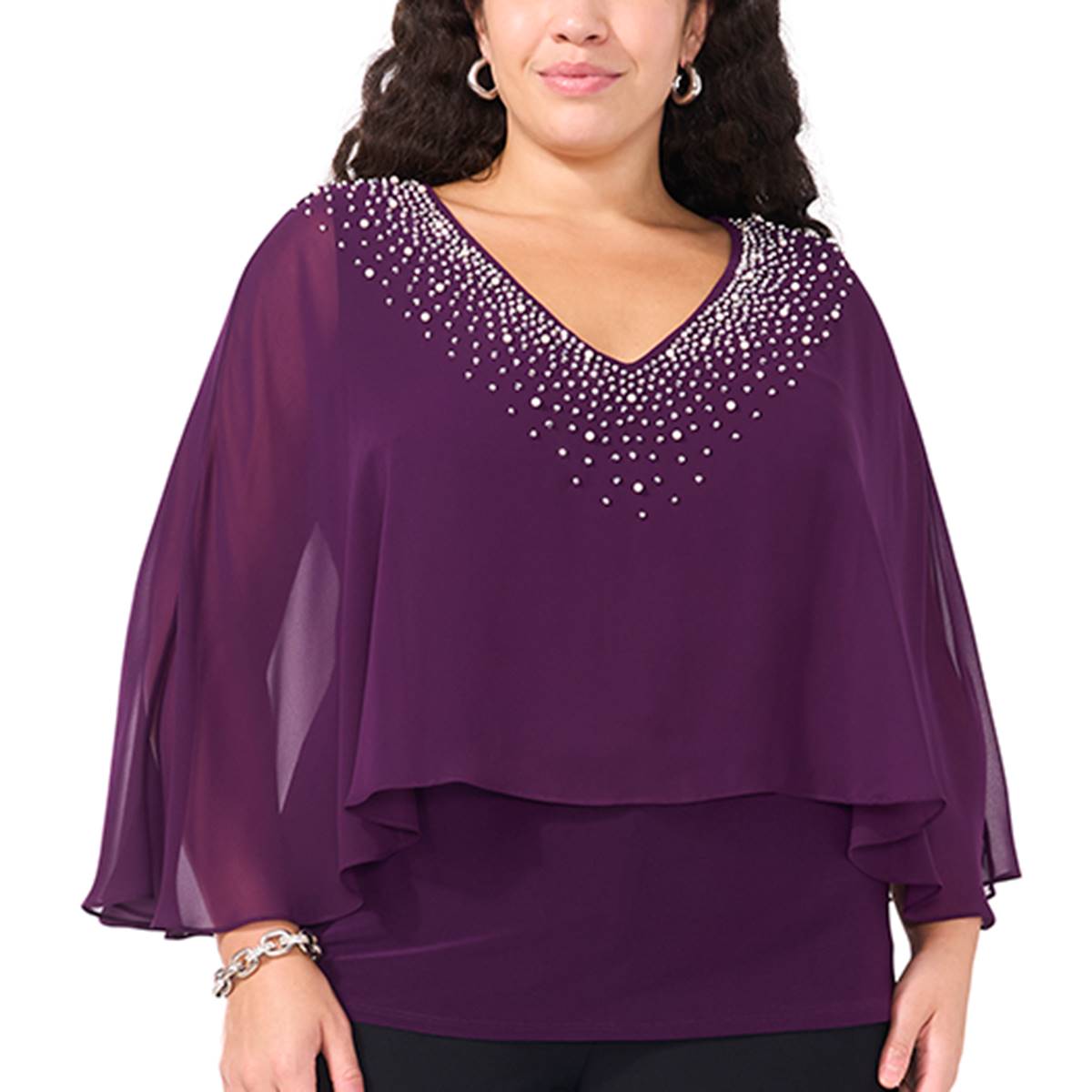 Plus Size MSK 3/4 Sleeve V-Neck Beaded Overlay Blouse