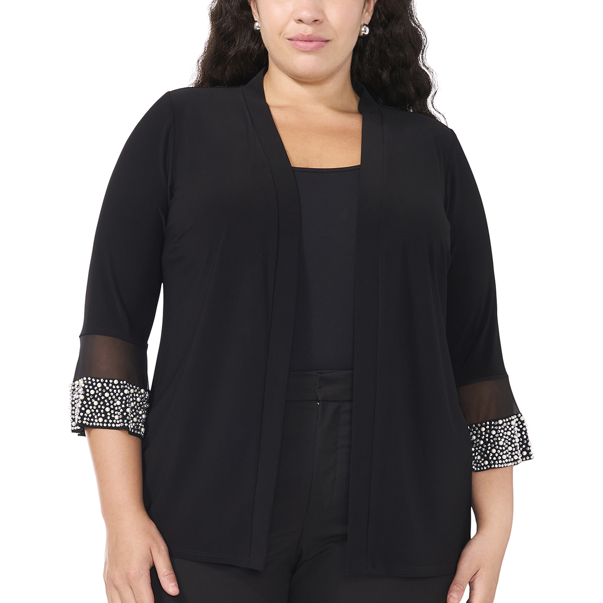 Plus Size MSK Illusion Bell Sleeve Faraj Bead Trim Cardigan