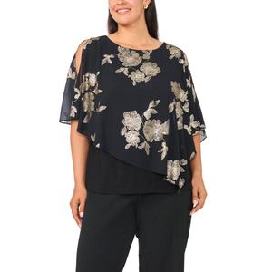 Plus Size MSK Floral Foil Poncho Overlay Blouse