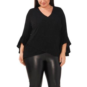 Plus Size Ruffle Trim Bell Sleeve V Neck Blouse