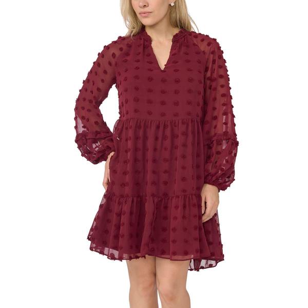 Petite MSK Long Sleeve Clip Dot Tier A-Line Dress
