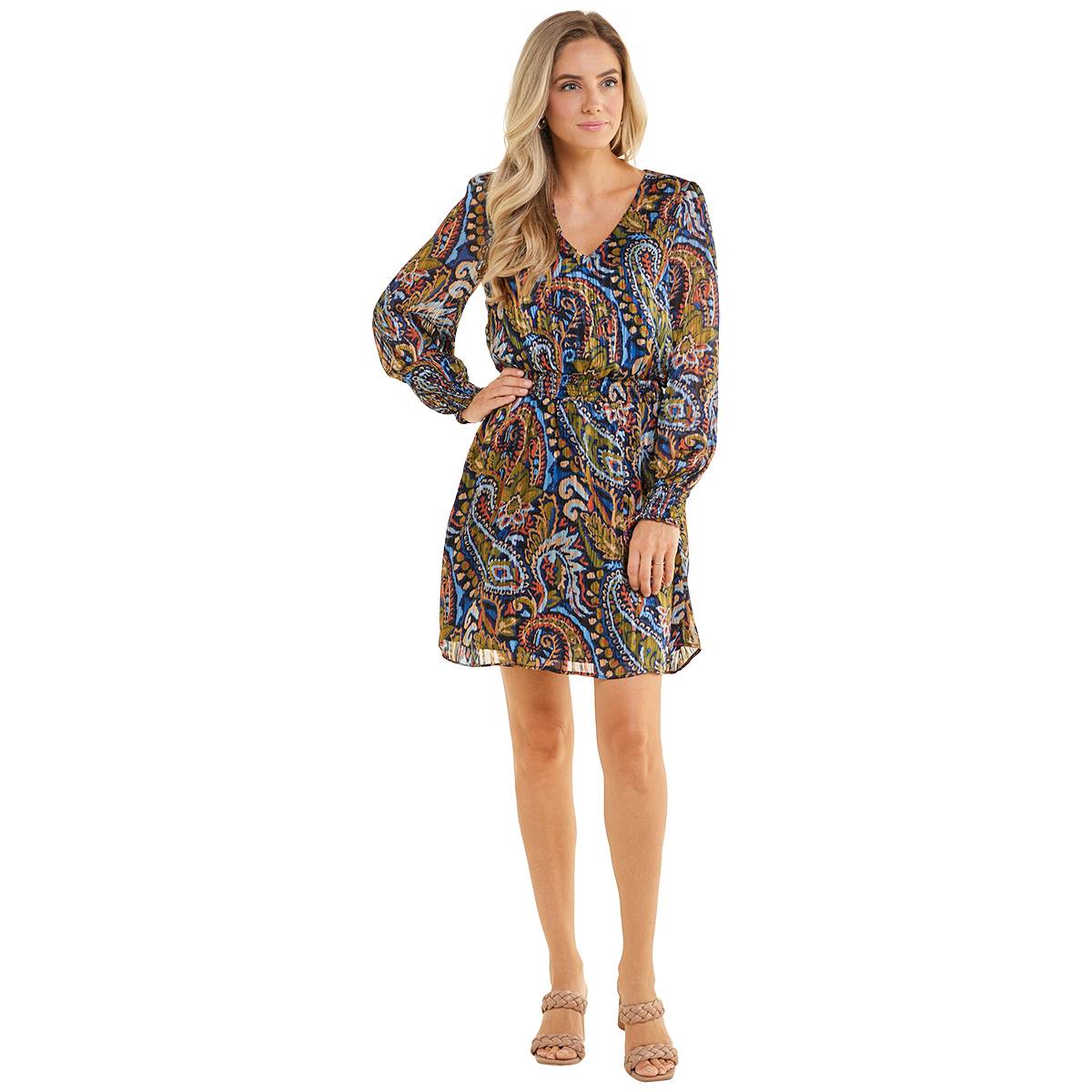 Petite MSK Long Sleeve V-Neck Paisley Fit & Flare Dress