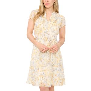 Petite MSK Short Sleeve Floral Pintuck Front Chiffon A-Line Dress