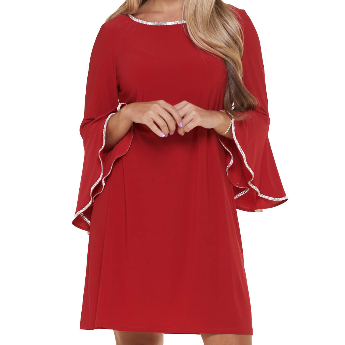 Womens MSK Bell Sleeve Rhinestone Trim A-Line Dress